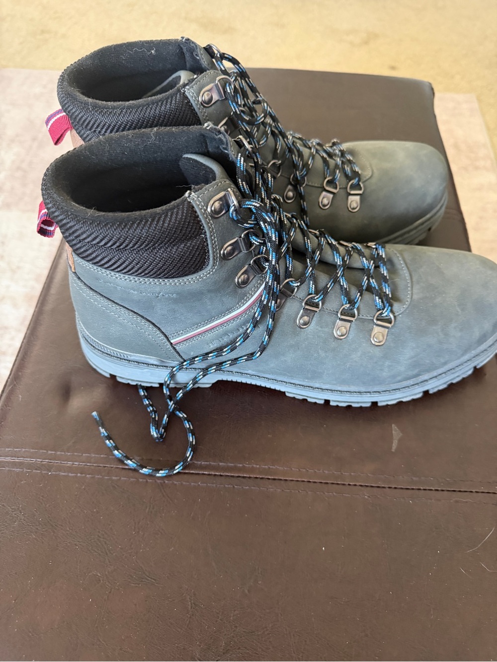 Grey‑Blue Suede Boots w/ Black Nylon Heel & Contrast Laces Men’s 12